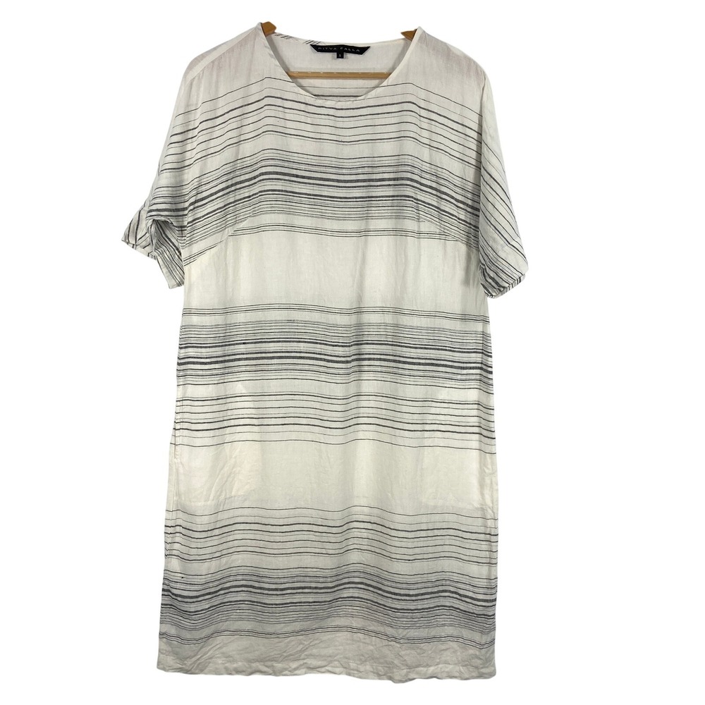 Ritva Falla Helmi Linen Dress Striped Short Sleeve Loose Fit Casual Womens Small
